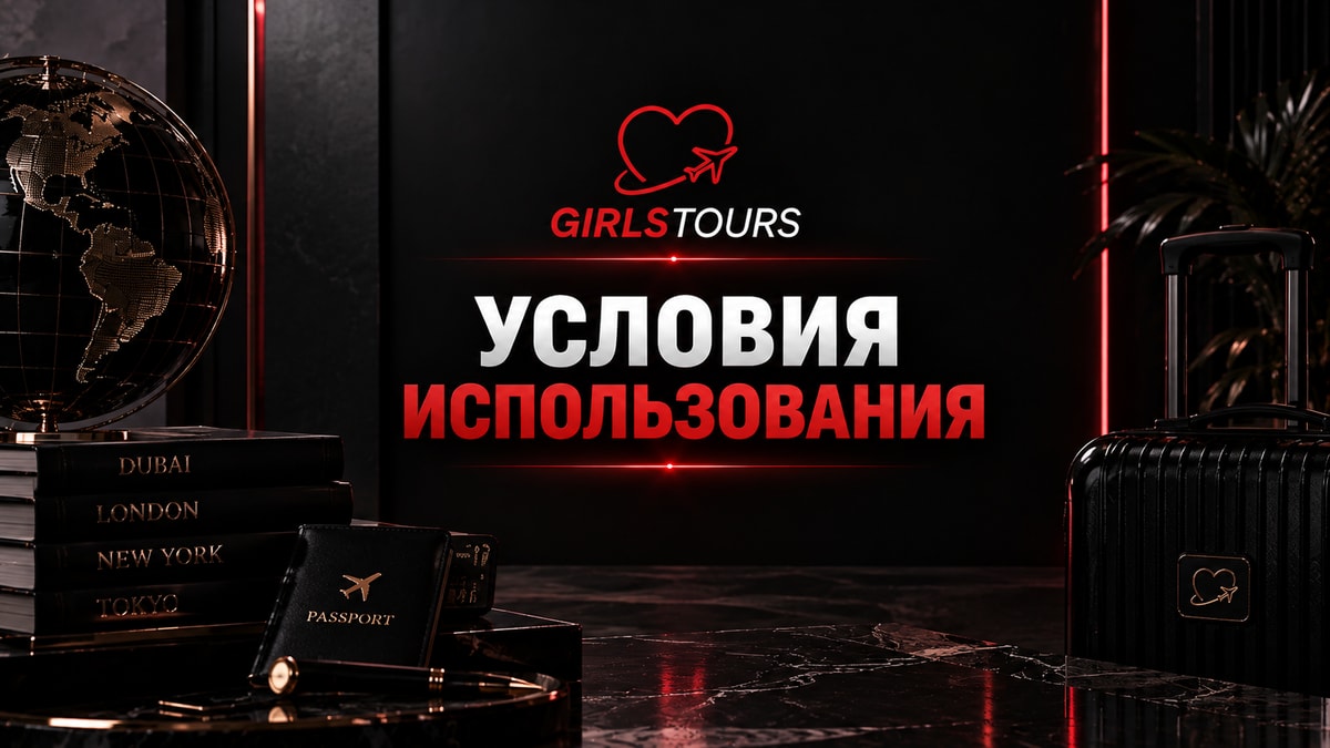 Обложка условий использования GirlsTours с паспортом, глобусом и чемоданом.